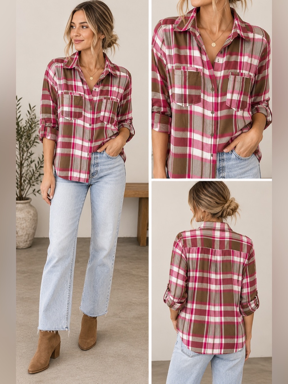 KUT from the Kloth Hannah Plaid Lyocell Shirt Pink Espresso M Long Sleeve